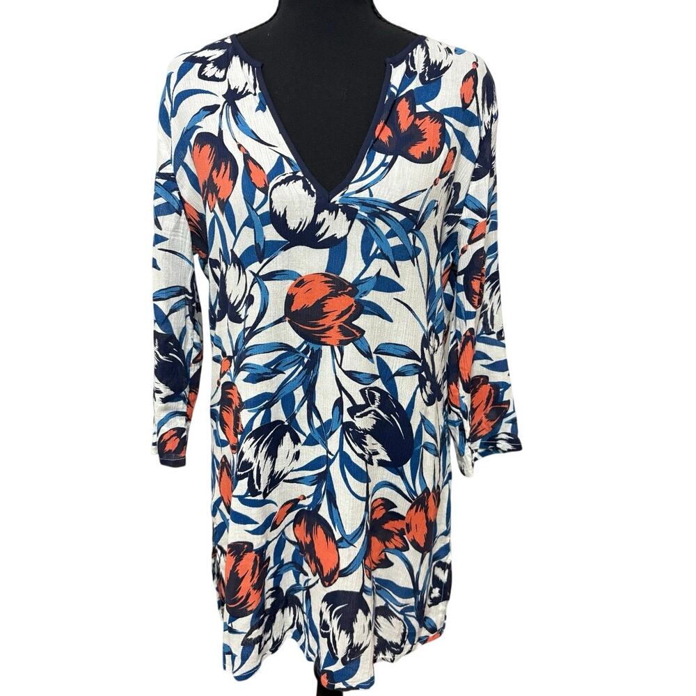 J.Crew Womens S Floral Cotton Gauze Tunic Top Blue Orange 3/4 Sleeve V Neck